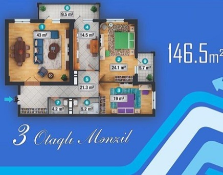 Планировка 3-комнатные квартиры, 146.5 m2 в Capital City, в г. Баку