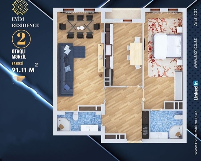 Планировка 2-комнатные квартиры, 91.11 m2 в Evim Residence, в г. Баку