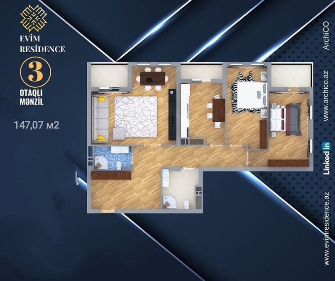Планировка 3-комнатные квартиры, 147.07 m2 в Evim Residence, в г. Баку