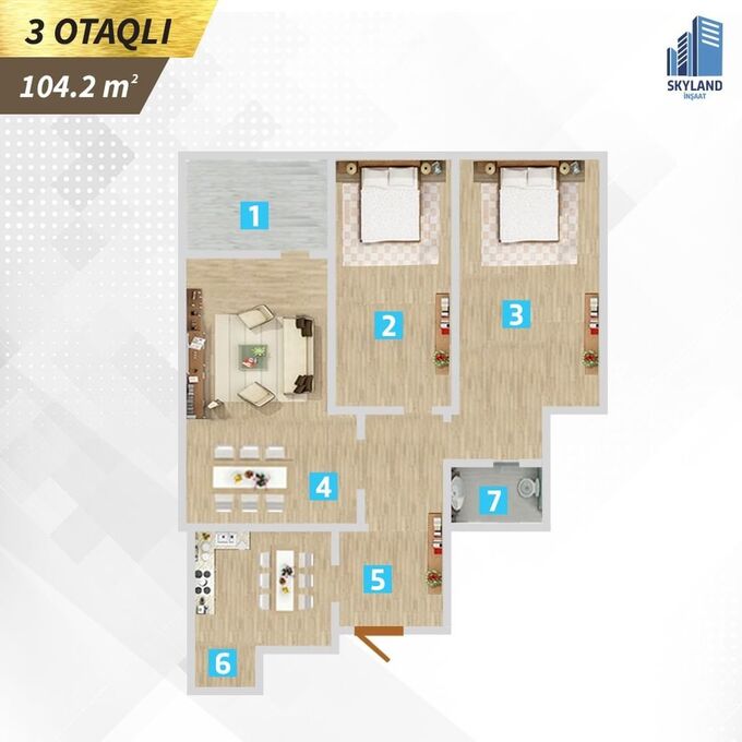 Планировка 3-комнатные квартиры, 104.2 m2 в Skyland Baku, в г. Баку