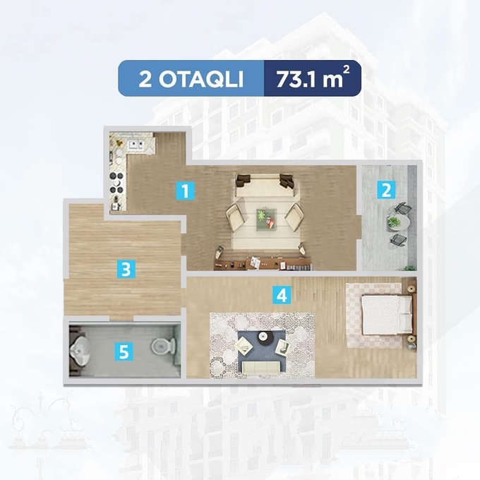 Планировка 2-комнатные квартиры, 73.1 m2 в Skyland Baku, в г. Баку