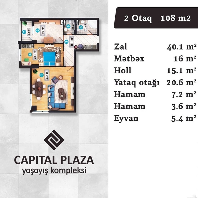 Bakı şəhərinin Capital Plaza yaşayış kompleksində 108 m2 sahəsi olan 2-otaqlılar mənzillərin planlaşdırılması
