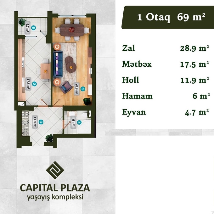 Планировка 1-комнатные квартиры, 69 m2 в Capital Plaza, в г. Баку