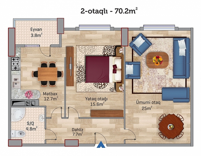 Bakı şəhərinin Central Park yaşayış kompleksində 70.2 m2 sahəsi olan 2-otaqlılar mənzillərin planlaşdırılması