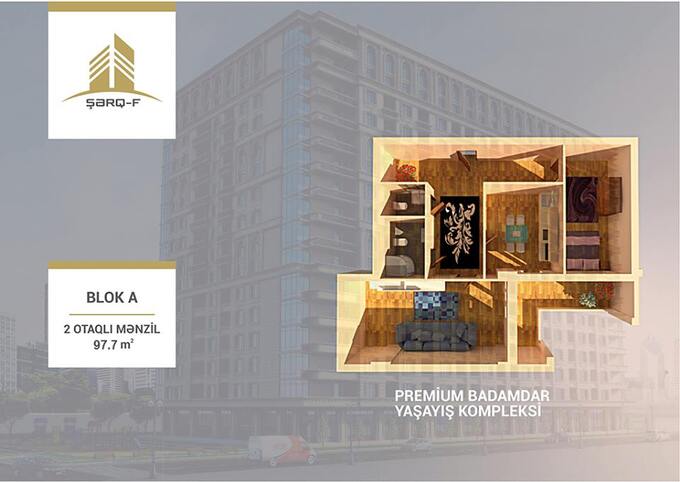 Bakı şəhərinin Premium Badamdar yaşayış kompleksində 97.7 m2 sahəsi olan 2-otaqlılar mənzillərin planlaşdırılması