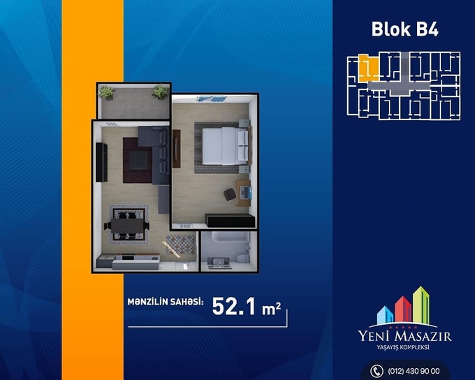 Планировка 1-комнатные квартиры, 52.1 m2 в Yeni Masazır, в г. Масазыра