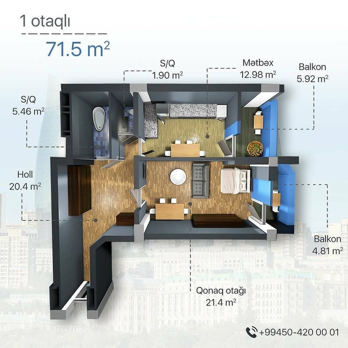 Планировка 1-комнатные квартиры, 71.5 m2 в Mega Palace Mehdiabad, в г. Хырдалана