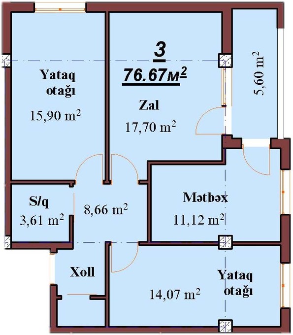 Планировка 3-комнатные квартиры, 76.67 m2 в Eko Park, в г. Хырдалана