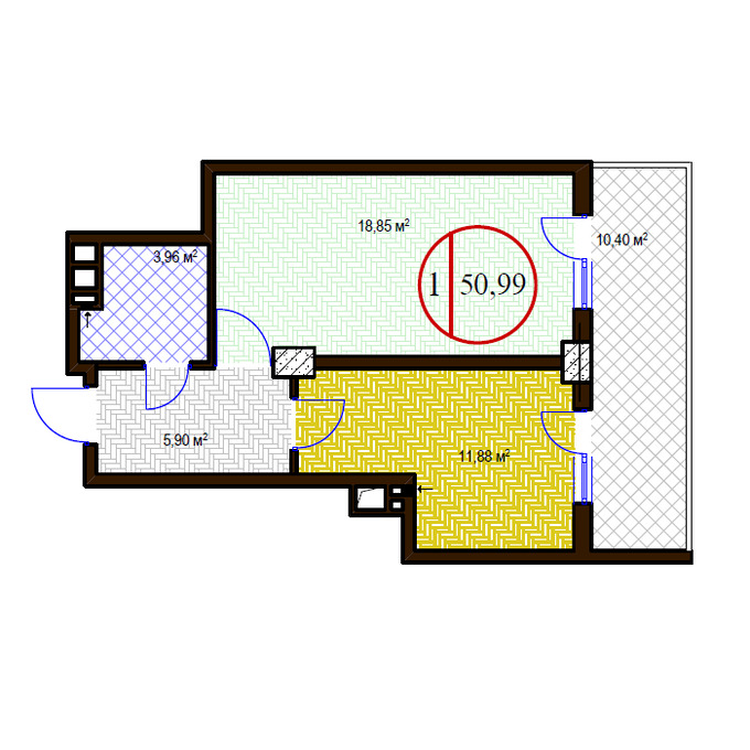 Планировка 1-комнатные квартиры, 50.99 m2 в ЖК Хezer Baglari, в г. Баку