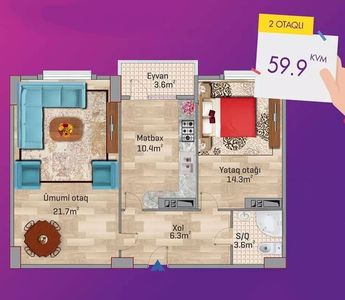 Планировка 2-комнатные квартиры, 59.9 m2 в 10-ый микрорайон, в г. Сумгаита