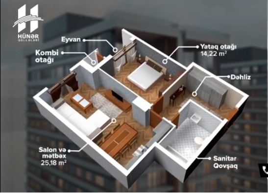 Bakı şəhərinin Huner Towers yaşayış kompleksində 64.93 m2 sahəsi olan 2-otaqlılar mənzillərin planlaşdırılması