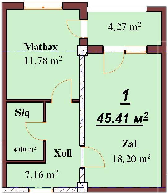 Планировка 1-комнатные квартиры, 45.41 m2 в Eko Park, в г. Хырдалана