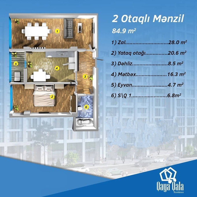 Bakı şəhərinin Qaya Qala Residence yaşayış kompleksində 84.9 m2 sahəsi olan 2-otaqlılar mənzillərin planlaşdırılması