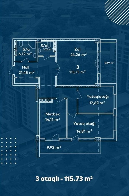 Bakı şəhərinin Karayev City yaşayış kompleksində 115.73 m2 sahəsi olan 3-otaqlılar mənzillərin planlaşdırılması