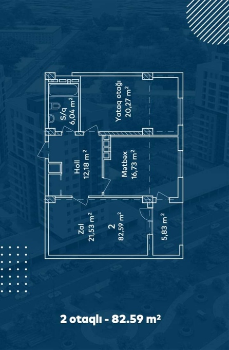 Bakı şəhərinin Karayev City yaşayış kompleksində 82.59 m2 sahəsi olan 2-otaqlılar mənzillərin planlaşdırılması