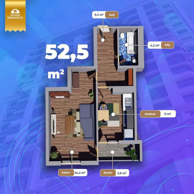 Планировка 1-комнатные квартиры, 52.5 m2 в Shams Residence, в г. Баку