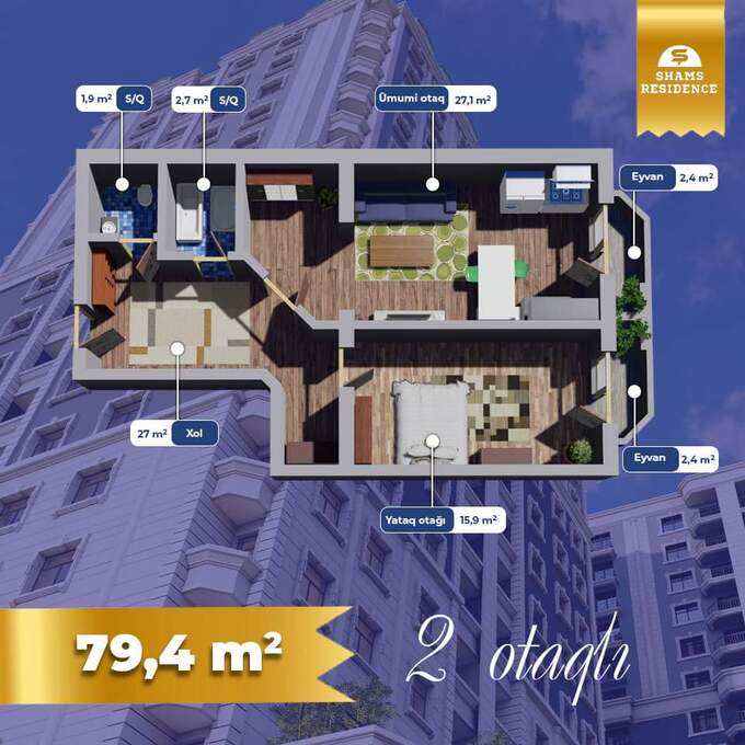 Планировка 2-комнатные квартиры, 79.4 m2 в Shams Residence, в г. Баку