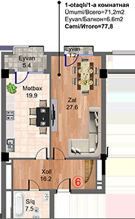 Bakı şəhərinin London Evləri yaşayış kompleksində 77.8 m2 sahəsi olan 1-otaqlılar mənzillərin planlaşdırılması