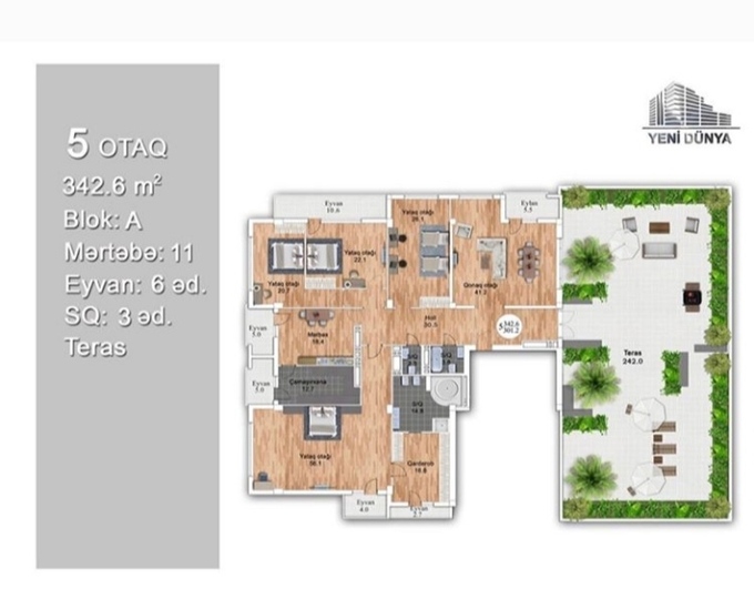 Bakı şəhərinin Yeni Dünya MTK yaşayış kompleksində 342.6 m2 sahəsi olan 5-otaqlılar mənzillərin planlaşdırılması
