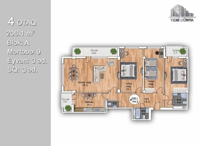 Планировка 4-комнатные квартиры, 206.1 m2 в Yeni Dunya MTK, в г. Баку