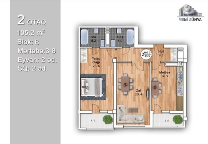 Планировка 2-комнатные квартиры, 105.2 m2 в Yeni Dunya MTK, в г. Баку