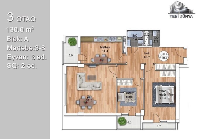 Планировка 3-комнатные квартиры, 130 m2 в Yeni Dunya MTK, в г. Баку