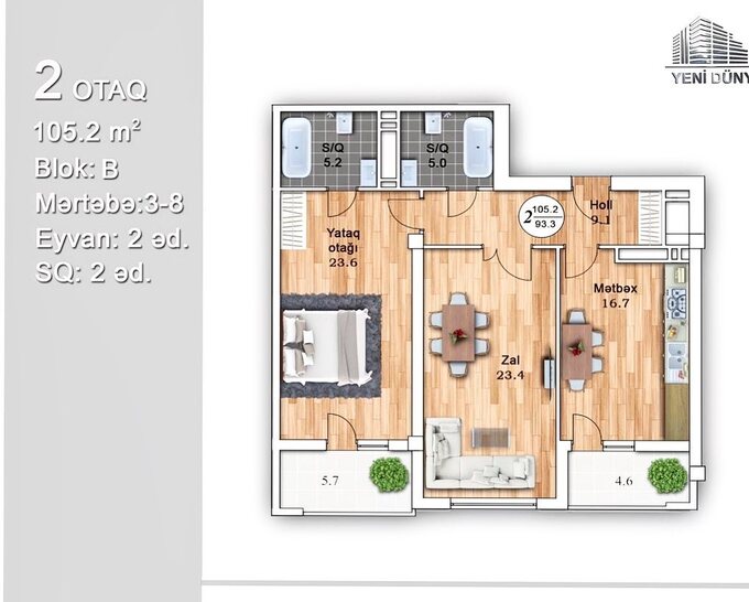 Планировка 2-комнатные квартиры, 105.2 m2 в Yeni Dunya MTK, в г. Баку