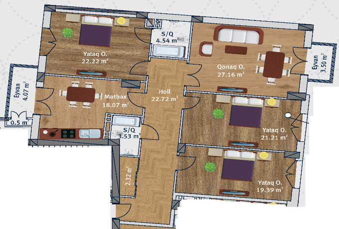 Планировка 4-комнатные квартиры, 153.8 m2 в Kat Park, в г. Баку