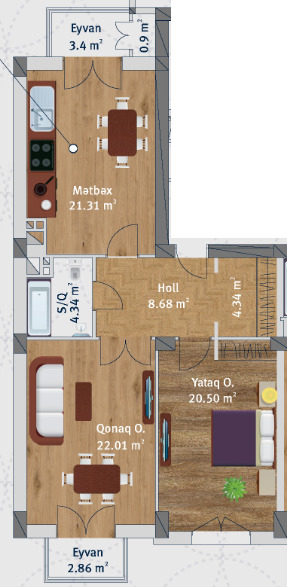 Планировка 2-комнатные квартиры, 90.56 m2 в Kat Park, в г. Баку