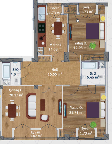 Планировка 3-комнатные квартиры, 120.67 m2 в Kat Park, в г. Баку