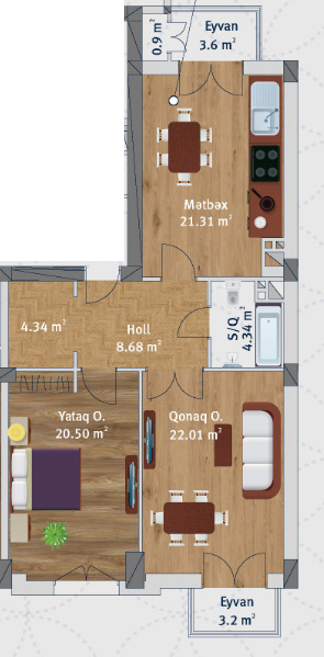 Планировка 2-комнатные квартиры, 90.36 m2 в Kat Park, в г. Баку