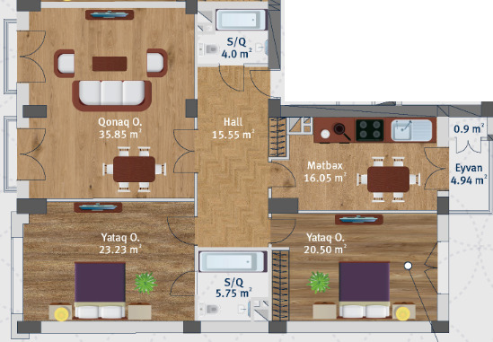 Планировка 3-комнатные квартиры, 129.5 m2 в Kat Park, в г. Баку