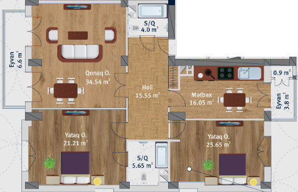 Планировка 3-комнатные квартиры, 137.18 m2 в Kat Park, в г. Баку
