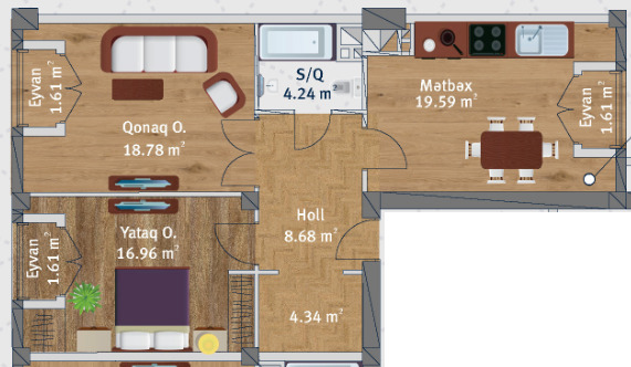 Планировка 2-комнатные квартиры, 79.75 m2 в Kat Park, в г. Баку