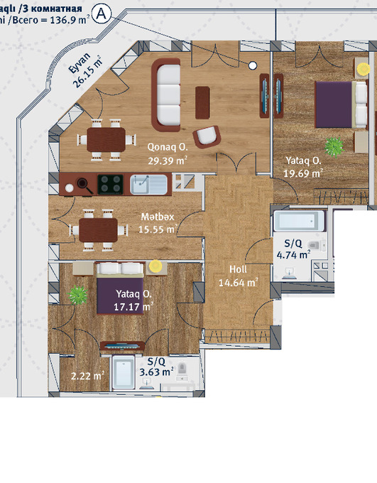Планировка 3-комнатные квартиры, 136.9 m2 в Kat Park, в г. Баку