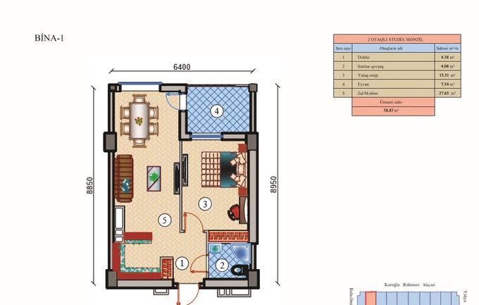 Планировка 2-комнатные квартиры, 58.87 m2 в Zumrud Residence, в г. Баку