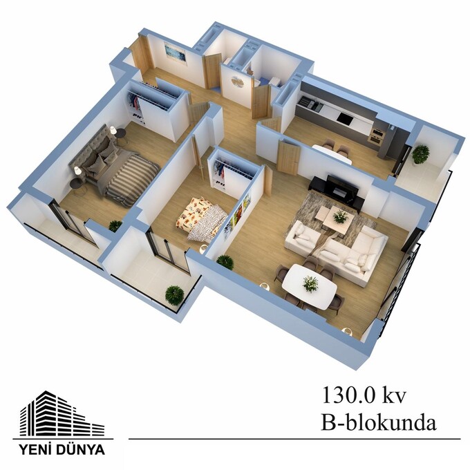 Bakı şəhərinin Yeni Dünya MTK yaşayış kompleksində 130 m2 sahəsi olan 3-otaqlılar mənzillərin planlaşdırılması