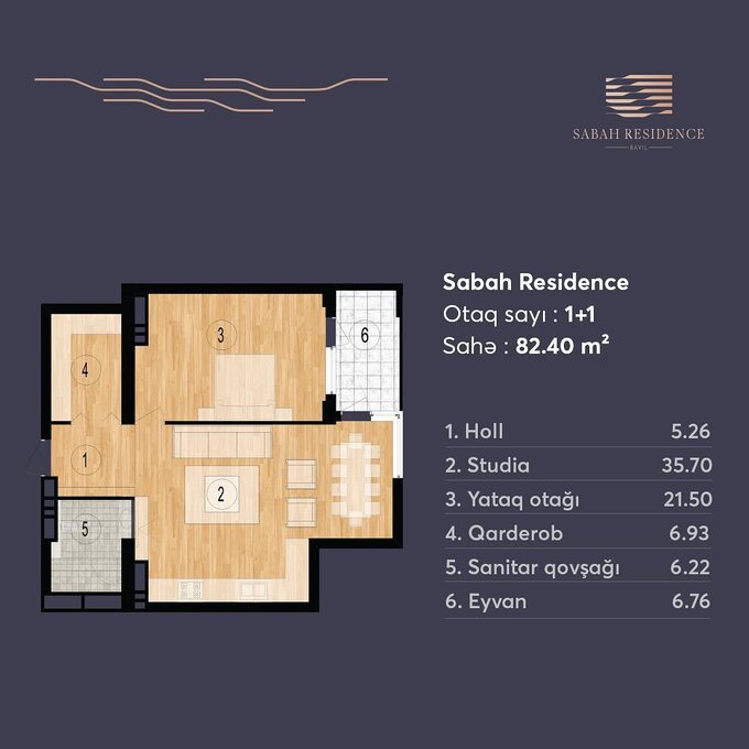 Планировка 2-комнатные квартиры, 82.4 m2 в Sabah Residence, в г. Баку