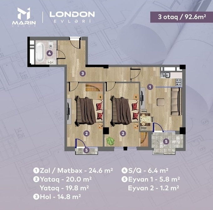 Bakı şəhərinin London Evləri yaşayış kompleksində 92.6 m2 sahəsi olan 3-otaqlılar mənzillərin planlaşdırılması