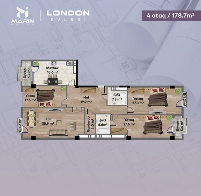 Планировка 4-комнатные квартиры, 178.7 m2 в London Evləri, в г. Баку