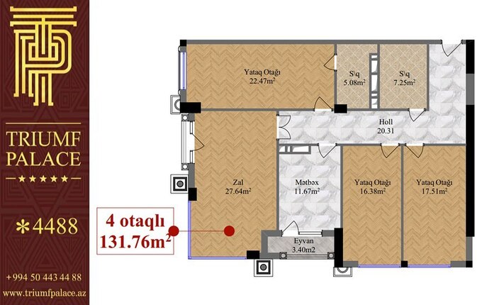 Планировка 4-комнатные квартиры, 131.76 m2 в Triumf Palace, в г. Баку