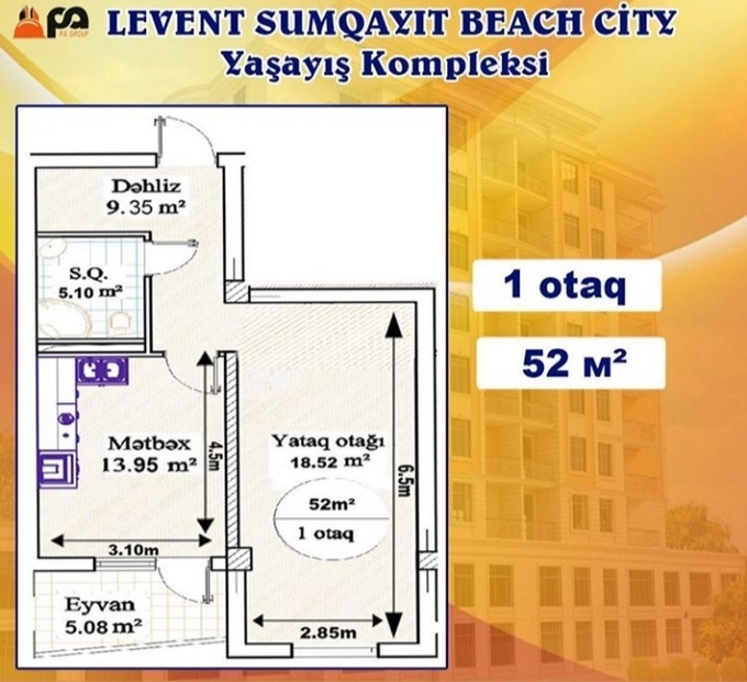 Sumqayıt şəhərinin Levent Sumqayıt Beach City yaşayış kompleksində 52 m2 sahəsi olan 1-otaqlılar mənzillərin planlaşdırılması