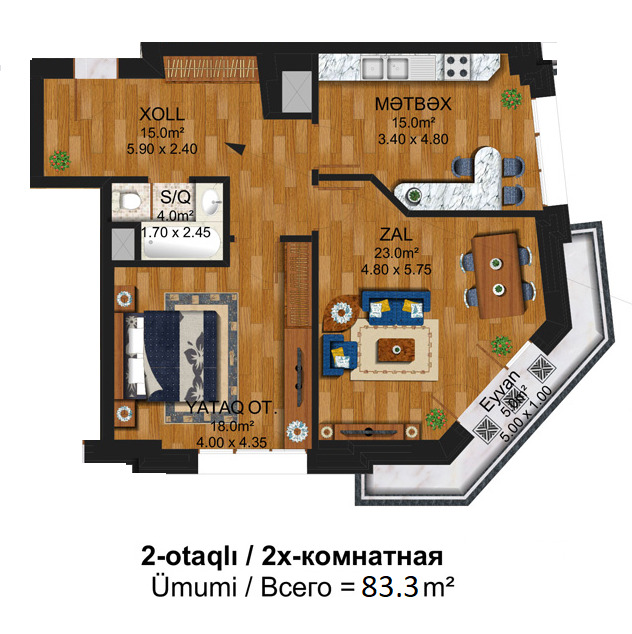 Планировка 2-комнатные квартиры, 83.3 m2 в Toca Residence, в г. Баку
