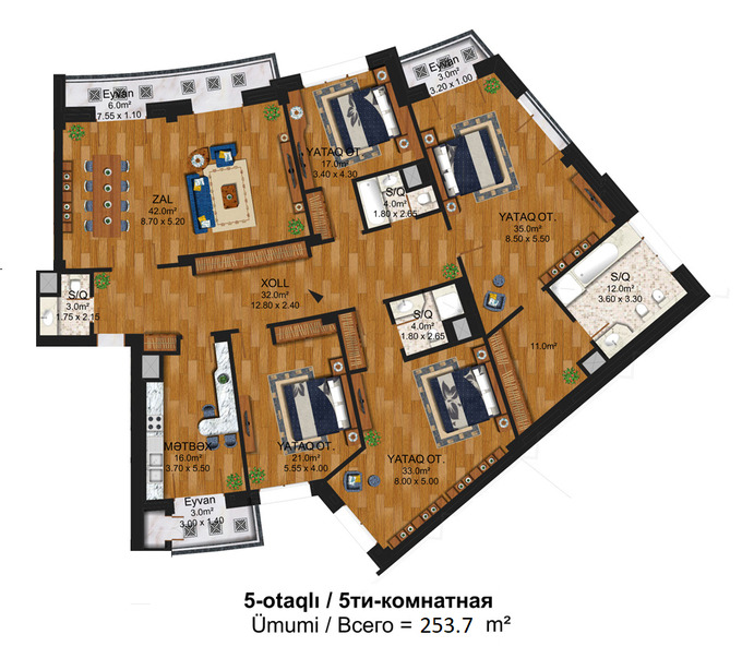Bakı şəhərinin Toca Residence yaşayış kompleksində 253.7 m2 sahəsi olan 5-otaqlılar mənzillərin planlaşdırılması