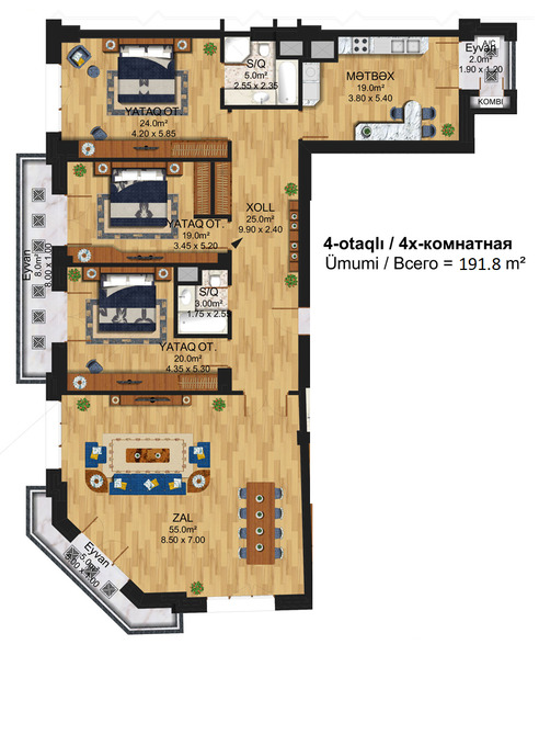 Планировка 4-комнатные квартиры, 191.8 m2 в Toca Residence, в г. Баку