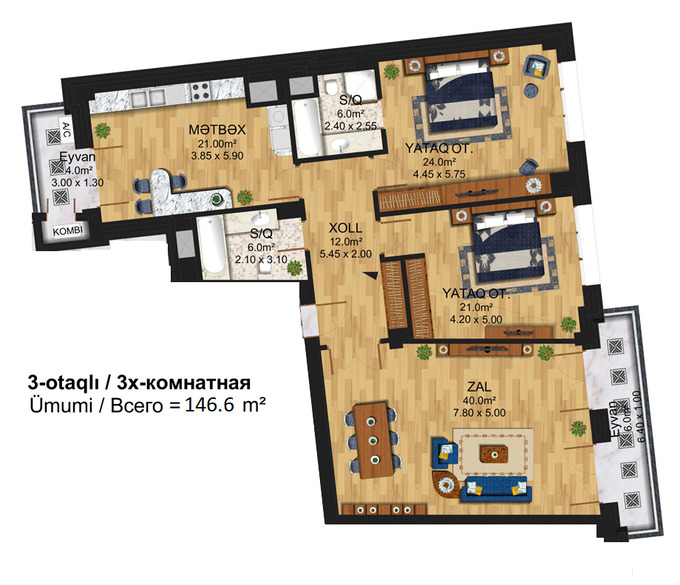Планировка 3-комнатные квартиры, 146.6 m2 в Toca Residence, в г. Баку