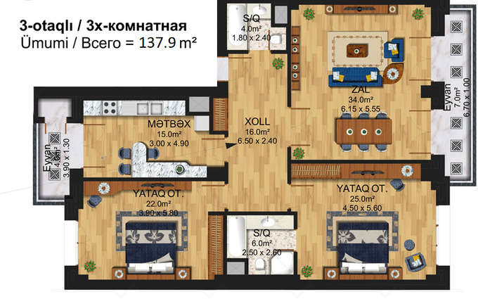 Планировка 3-комнатные квартиры, 137.9 m2 в Toca Residence, в г. Баку