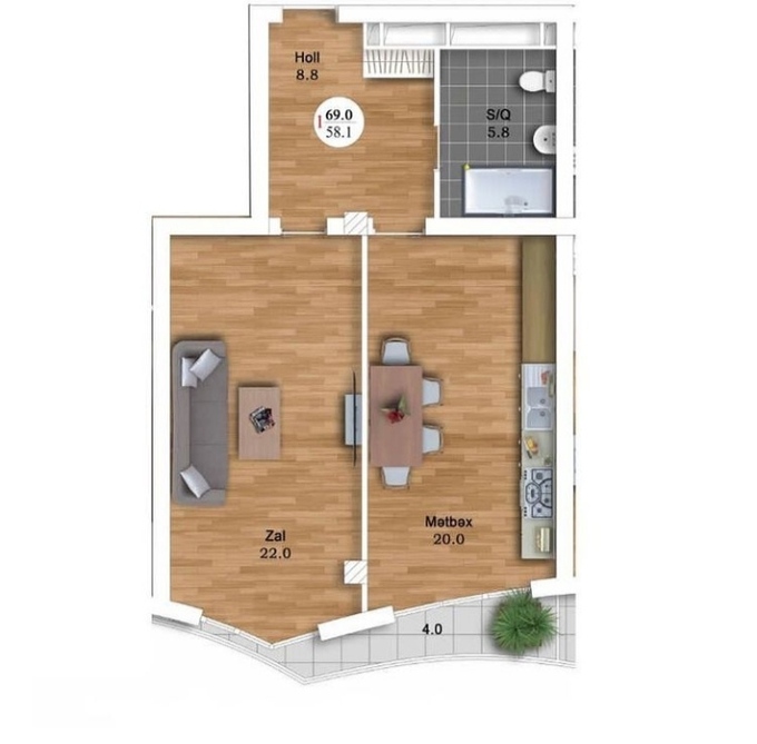Планировка 1-комнатные квартиры, 69 m2 в TAC Residence, в г. Баку