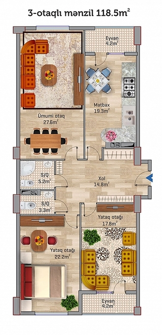 Планировка 3-комнатные квартиры, 118.5 m2 в Javahir Residence, в г. Баку