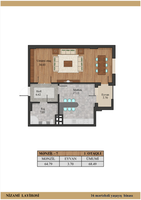 Планировка 1-комнатные квартиры, 68.49 m2 в Qarayev layihəsi, в г. Баку